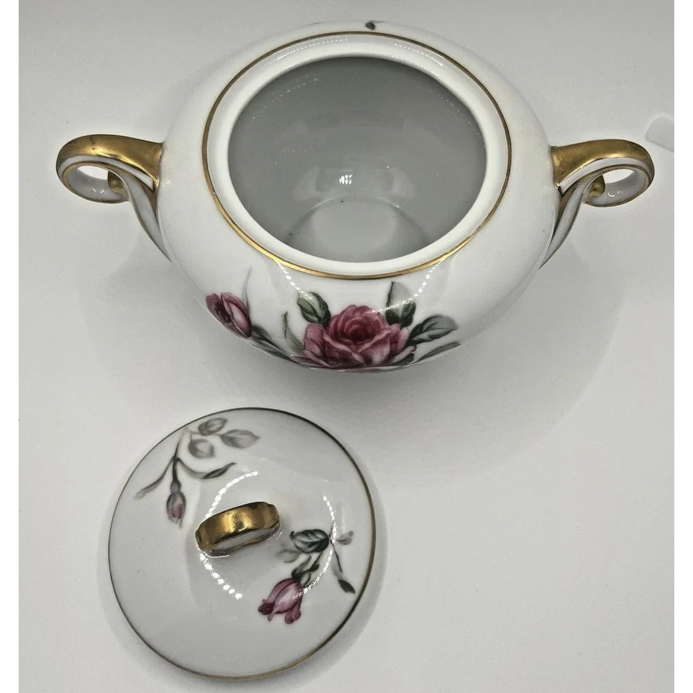 Wentworth China Cameo Rose Creamer and Covered Sugar Bowl Eterna Shape Gold Trim